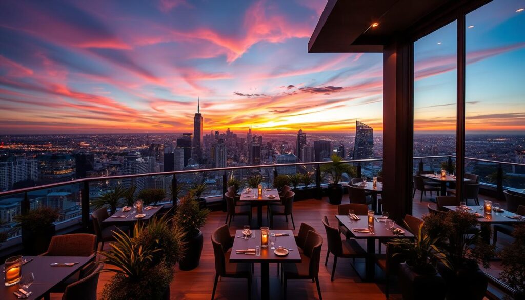 A breathtaking rooftop restaurant setting with a panoramic view of a bustling city skyline. The foreground features a cozy outdoor dining area with sleek, modern furniture and lush potted plants. Soft, warm lighting casts a inviting glow, creating an intimate ambiance. In the middle ground, a glass-enclosed dining room with floor-to-ceiling windows offers unobstructed vistas of the cityscape. The background showcases a stunning sunset, with vibrant hues of orange, pink, and purple painted across the sky. The overall scene evokes a sense of sophisticated elegance and tranquility, perfect for an elevated dining experience.