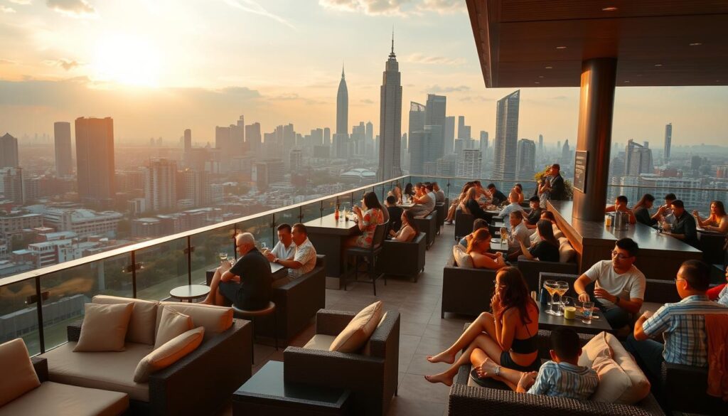 A bustling rooftop bar in Jakarta, Indonesia, with a panoramic view of the cityscape. The scene is bathed in warm, golden lighting from the setting sun, casting a cozy, inviting atmosphere. In the foreground, there are plush lounge chairs and tables where patrons enjoy refreshing cocktails and casual conversation. The middle ground features a sleek, modern bar area with a stylish, minimalist design. In the background, the iconic skyscrapers of Jakarta's skyline stretch out, their reflective glass surfaces glimmering in the fading light. The overall impression is one of sophisticated relaxation, where visitors can unwind and take in the breathtaking vistas of the vibrant Indonesian capital.