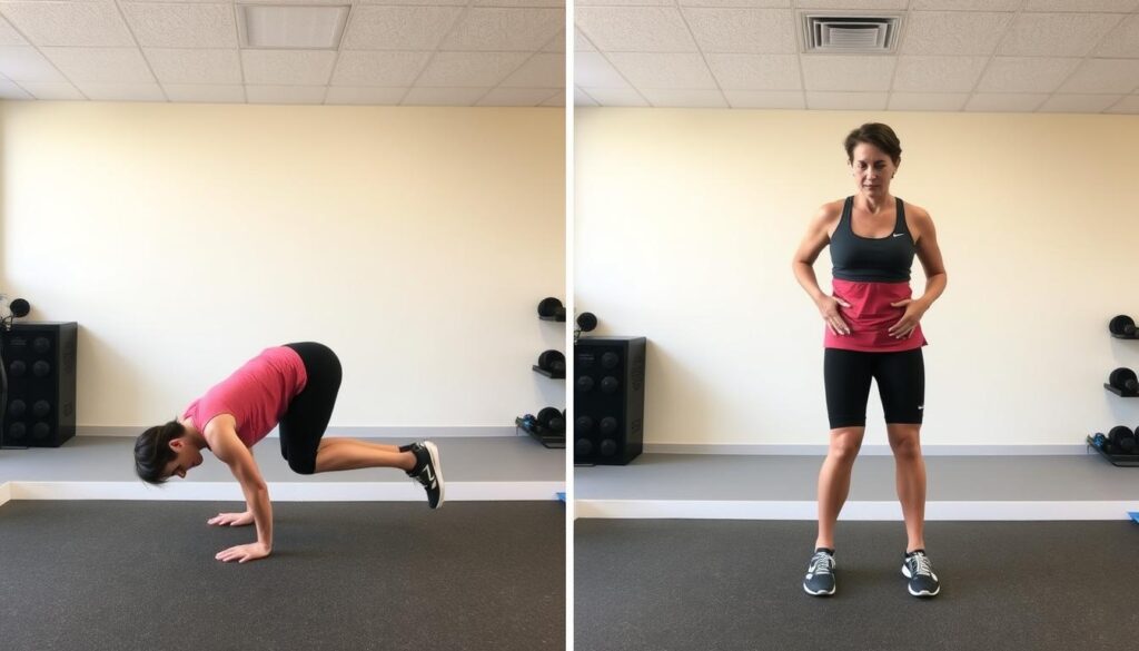Demonstrasi latihan fungsional seperti burpees dan mountain climbers Demonstrasi latihan fungsional seperti burpees dan mountain climbers