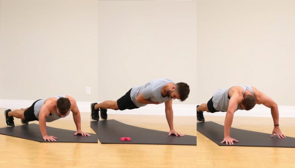 Demonstrasi variasi push-up untuk melatih kekuatan tubuh bagian atas Demonstrasi variasi push-up untuk melatih kekuatan tubuh bagian atas