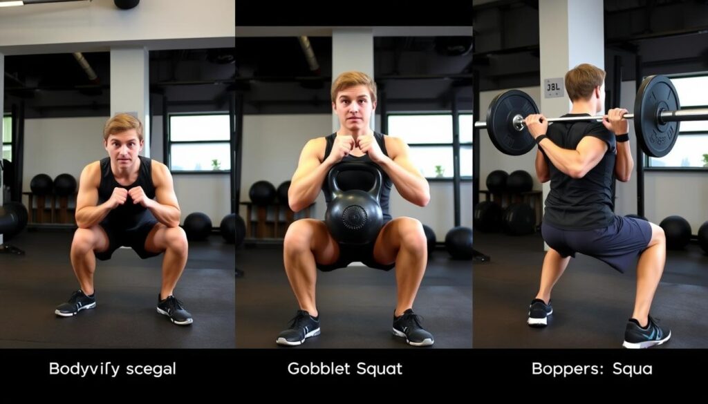 Tiga variasi squat: bodyweight squat, goblet squat, dan barbell squat Tiga variasi squat: bodyweight squat, goblet squat, dan barbell squat