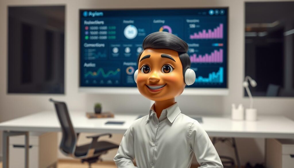 A digital assistant named Gaji, with a friendly, approachable demeanor, standing in a well-lit office setting. Gaji has a warm, engaging expression and is dressed in professional attire, conveying a sense of competence and reliability. The background features modern office furnishings, including a sleek desk, ergonomic chair, and a large computer monitor displaying relevant virtual assistant-related data and analytics. The lighting is soft and diffused, creating a welcoming atmosphere. The overall composition suggests the growing importance and potential of virtual assistant services in the digital economy.