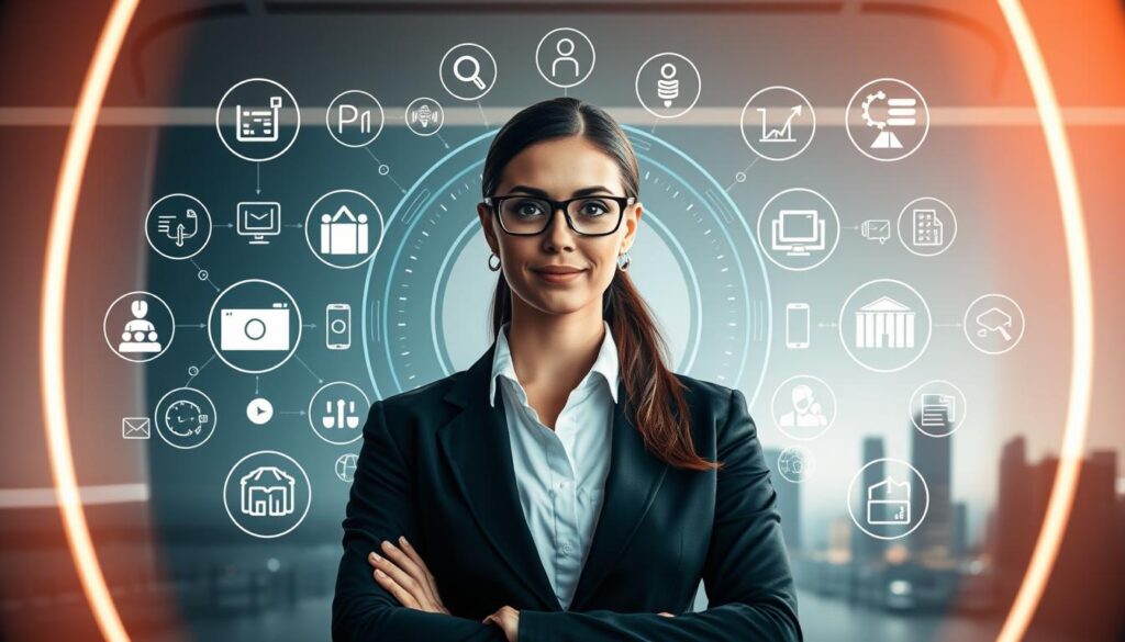 A virtual assistant standing confidently, surrounded by a collection of digital icons and symbols representing their diverse capabilities. The assistant is positioned in the foreground, bathed in a warm, professional lighting that highlights their attentive expression and polished appearance. In the middle ground, a sleek, futuristic interface with various interactive elements, conveying the advanced technological tools at the virtual assistant's disposal. The background features a subtle, minimalist cityscape, hinting at the efficient, modern work environment in which the virtual assistant operates. The overall composition and mood exude a sense of competence, efficiency, and the versatility of the virtual assistant's skillset.