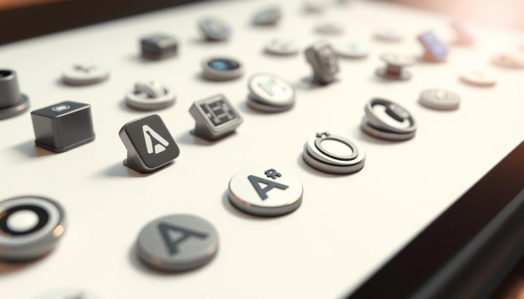 A close-up, highly detailed view of various API icons and symbols representing the key features and capabilities of the ARCore platform. The icons are arranged in an organized, grid-like layout against a clean, minimalist background, possibly with a subtle gradient or texture. The icons are rendered with a sleek, modern aesthetic, showcasing the advanced technology and functionality of the ARCore APIs. Warm, directional lighting highlights the depth and dimensionality of the icons, creating a sense of depth and a professional, technical atmosphere. The overall composition conveys the power and versatility of the ARCore API ecosystem for Android developers.