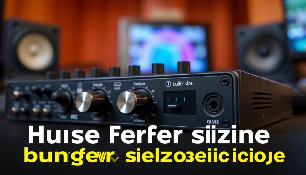 A close-up view of a digital audio interface, the central focus of the frame. The interface's control panel features various knobs and buttons, including a prominent "buffer size" setting. The background is softly blurred, hinting at a professional studio environment, with a hint of warm lighting casting a subtle glow. The composition emphasizes the importance of the buffer size parameter, conveying a sense of technical precision and optimization for low-latency audio performance.