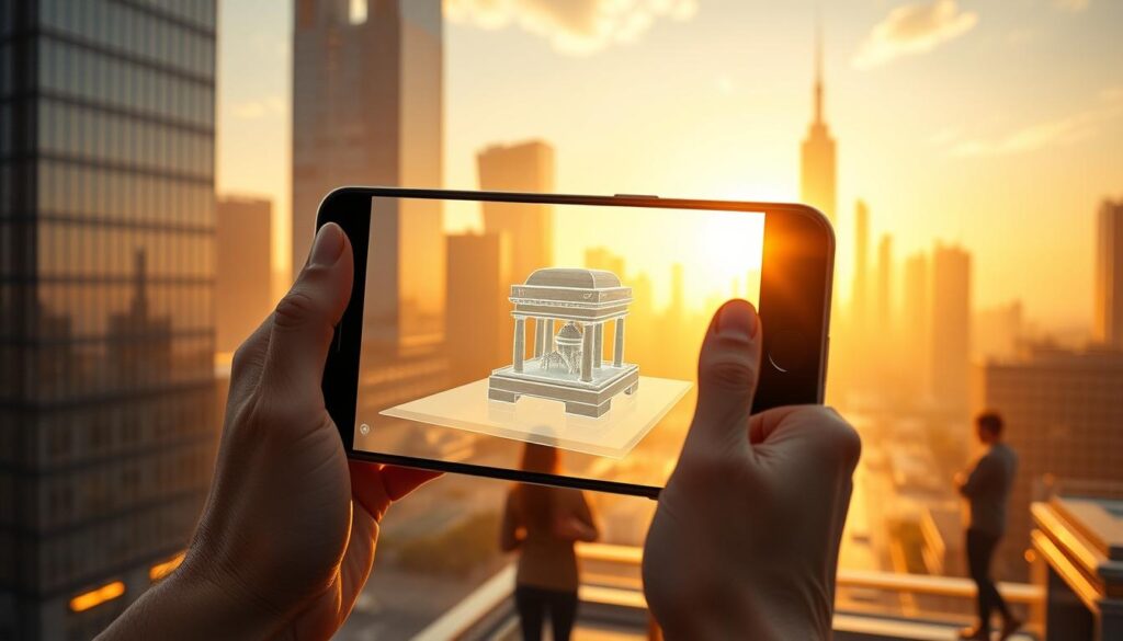 A futuristic cityscape bathed in a warm, golden glow. In the foreground, a smartphone is held up, its screen displaying a virtual 3D model of a product or landmark. Overlaid on the real-world environment, the digital content seamlessly integrates, blending the virtual and physical realms. The middle ground features people interacting with AR experiences, their faces lit by the holographic projections. In the background, skyscrapers and modern architecture recede into the distance, hinting at the vast possibilities of this augmented reality landscape. The scene conveys a sense of wonder, innovation, and the effortless, instant access to immersive digital content.