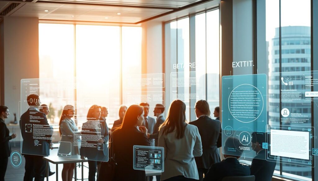 A futuristic office environment showcasing "Natural Language Processing" in action. In the foreground, a diverse group of professionals in business attire is engaged in a collaborative brainstorming session. They are surrounded by holographic displays showing complex algorithms and language diagrams. In the middle ground, advanced AI interfaces are interacting with text and speech data. The background features a sleek, modern workspace with large glass windows, providing a sunlit urban view. Soft, diffused lighting creates a warm and inviting atmosphere, highlighting the intelligence and innovation of AI technology. Capture the dynamic interaction between humans and machines, emphasizing the theme of understanding language through technology. The overall mood is one of collaboration, creativity, and forward-thinking. A futuristic office environment showcasing "Natural Language Processing" in action. In the foreground, a diverse group of professionals in business attire is engaged in a collaborative brainstorming session. They are surrounded by holographic displays showing complex algorithms and language diagrams. In the middle ground, advanced AI interfaces are interacting with text and speech data. The background features a sleek, modern workspace with large glass windows, providing a sunlit urban view. Soft, diffused lighting creates a warm and inviting atmosphere, highlighting the intelligence and innovation of AI technology. Capture the dynamic interaction between humans and machines, emphasizing the theme of understanding language through technology. The overall mood is one of collaboration, creativity, and forward-thinking.