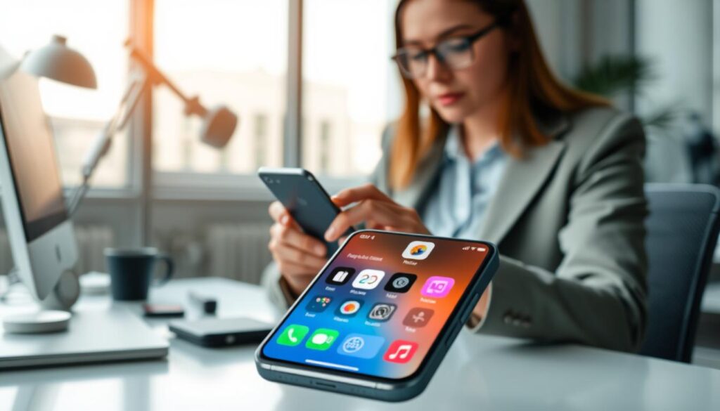 A modern and dynamic user interface design, showcasing the concept of visual changes in app clips on iOS for 2025. In the foreground, display a sleek smartphone with a vibrant app clip interface, featuring colorful icons and smooth animations that suggest interactivity. The middle layer includes a stylish workspace setting with a tech-savvy individual in professional attire, interacting with the phone, highlighting user engagement. In the background, softly blurred silhouettes of tech gadgets and digital elements create a futuristic atmosphere. Use soft, natural lighting to evoke a sense of innovation and clarity, with a focus on close-up details of the smartphone screen, emphasizing its modern design and user-friendly features. The overall mood should feel inspiring and forward-looking, encapsulating the essence of technological advancement in mobile applications. A modern and dynamic user interface design, showcasing the concept of visual changes in app clips on iOS for 2025. In the foreground, display a sleek smartphone with a vibrant app clip interface, featuring colorful icons and smooth animations that suggest interactivity. The middle layer includes a stylish workspace setting with a tech-savvy individual in professional attire, interacting with the phone, highlighting user engagement. In the background, softly blurred silhouettes of tech gadgets and digital elements create a futuristic atmosphere. Use soft, natural lighting to evoke a sense of innovation and clarity, with a focus on close-up details of the smartphone screen, emphasizing its modern design and user-friendly features. The overall mood should feel inspiring and forward-looking, encapsulating the essence of technological advancement in mobile applications.