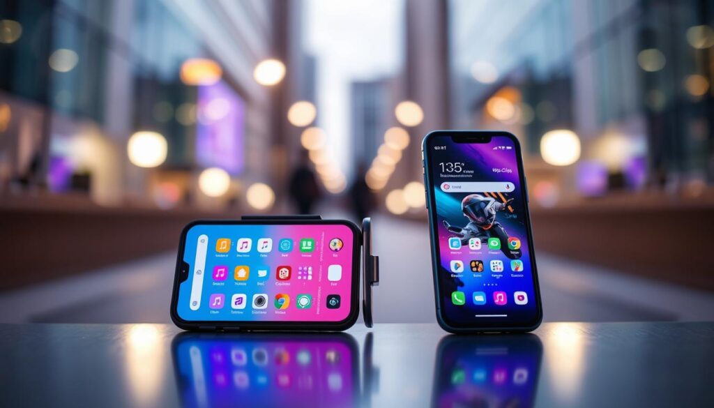 A side-by-side comparison of App Clips technology and similar platforms, featuring two smartphone screens displaying vibrant user interfaces. In the foreground, the left screen showcases an App Clip in action with colorful icons and quick access features, while the right screen illustrates a competing technology, such as Instant Apps or Progressive Web Apps. The background is a blurred, modern urban setting, depicting a tech-savvy atmosphere. Soft, ambient lighting enhances the sleek design of the devices, with a slight top-down angle to emphasize usability. The overall mood conveys innovation and efficiency in mobile technology, highlighting the growing trend of quick access applications in 2025. A side-by-side comparison of App Clips technology and similar platforms, featuring two smartphone screens displaying vibrant user interfaces. In the foreground, the left screen showcases an App Clip in action with colorful icons and quick access features, while the right screen illustrates a competing technology, such as Instant Apps or Progressive Web Apps. The background is a blurred, modern urban setting, depicting a tech-savvy atmosphere. Soft, ambient lighting enhances the sleek design of the devices, with a slight top-down angle to emphasize usability. The overall mood conveys innovation and efficiency in mobile technology, highlighting the growing trend of quick access applications in 2025.