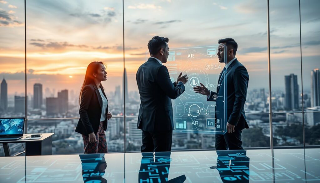 A vibrant and dynamic scene showcasing the concept of "Generative AI" in an Indonesian context. In the foreground, a diverse group of three professionals, dressed in smart business attire, are engaged in a lively discussion around a high-tech holographic display illustrating AI data and algorithms. In the middle ground, a modern office setting features sleek computers and AI interface designs, blending traditional Indonesian elements like batik patterns into the tech environment. The background reveals a panoramic view of Jakarta’s skyline at dusk, with soft golden lighting casting an innovative, optimistic atmosphere. The angle should capture the excitement of collaboration and progress, emphasizing the transformative power of AI in a bustling urban landscape. A vibrant and dynamic scene showcasing the concept of "Generative AI" in an Indonesian context. In the foreground, a diverse group of three professionals, dressed in smart business attire, are engaged in a lively discussion around a high-tech holographic display illustrating AI data and algorithms. In the middle ground, a modern office setting features sleek computers and AI interface designs, blending traditional Indonesian elements like batik patterns into the tech environment. The background reveals a panoramic view of Jakarta’s skyline at dusk, with soft golden lighting casting an innovative, optimistic atmosphere. The angle should capture the excitement of collaboration and progress, emphasizing the transformative power of AI in a bustling urban landscape.