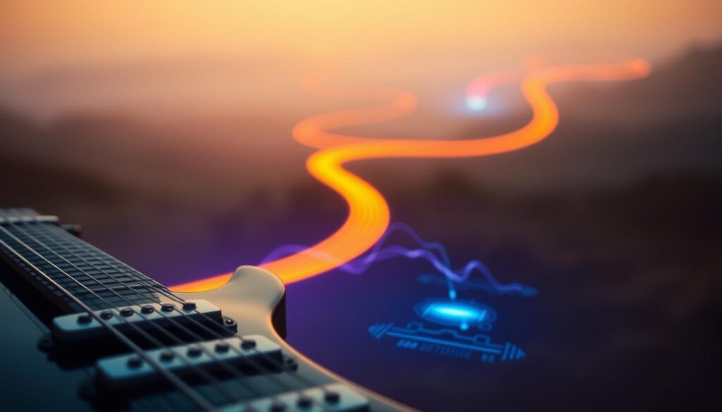 Roundtrip latency: a visually captivating representation of the time it takes for a digital signal to travel from the guitar to the amplifier and back. Depict a winding, ethereal path, illuminated by a warm, golden glow, symbolizing the journey of the audio signal. In the foreground, a sleek, modern guitar, its strings vibrating with energy. In the middle ground, a stylized visualization of the signal's propagation, rendered in shades of blue and purple, conveying the digital nature of the process. In the background, a hazy, out-of-focus landscape, suggesting the broader technological context. Use a soft, dreamlike depth of field to create a sense of depth and atmosphere, capturing the essence of "from 'feels delayed' to millisecond figures".