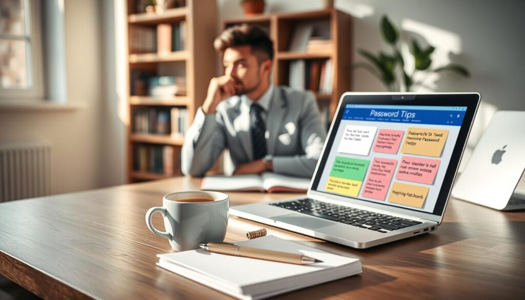A cozy workspace featuring a modern desk with a sleek laptop open, displaying colorful digital notes containing password tips. In the foreground, a notepad and a pen are neatly arranged beside a steaming cup of coffee. A thoughtful individual in professional attire is seated at the desk, focused on their work. The middle ground includes a bookshelf filled with books and a potted plant for a touch of greenery, evoking a sense of productivity. Soft, natural light filters through a nearby window, casting gentle shadows and enhancing the warm atmosphere. The background is blurred to keep attention on the laptop and the notepad, fostering a sense of organization and clarity, inviting viewers to consider practical methods for creating memorable passwords. A cozy workspace featuring a modern desk with a sleek laptop open, displaying colorful digital notes containing password tips. In the foreground, a notepad and a pen are neatly arranged beside a steaming cup of coffee. A thoughtful individual in professional attire is seated at the desk, focused on their work. The middle ground includes a bookshelf filled with books and a potted plant for a touch of greenery, evoking a sense of productivity. Soft, natural light filters through a nearby window, casting gentle shadows and enhancing the warm atmosphere. The background is blurred to keep attention on the laptop and the notepad, fostering a sense of organization and clarity, inviting viewers to consider practical methods for creating memorable passwords.