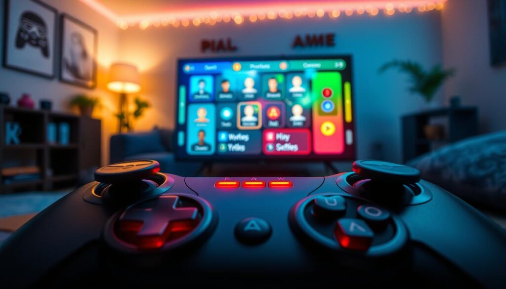 A digital representation of a “profile management controller” interface for gaming, showcasing a sleek, futuristic design. In the foreground, display a high-tech game controller with customizable buttons, featuring illuminated indicators for different player profiles. In the middle ground, illustrate a vibrant, interactive screen that visualizes multiple profiles, including shortcuts and player indicators, with vibrant colors and smooth animations. In the background, a softly blurred gaming room illuminated by ambient lighting, hinting at a cozy atmosphere. Use a dynamic camera angle to capture the depth of the design, creating a sense of immersion. The overall mood should be engaging and innovative, emphasizing the advanced technology of gaming accessories.