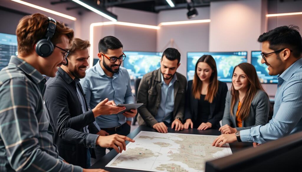 A dynamic group of professional gamers engaged in effective team communication during a strategy session. In the foreground, two players, one with a headset and another holding a tablet, are animatedly discussing strategies while pointing at a game board filled with tactical plans. The middle ground features a diverse team of four players in smart casual attire, focused and collaborating, with expressions of concentration and teamwork. The background shows a modern gaming room, illuminated by soft LED lighting, with multiple screens displaying game stats and maps. The atmosphere conveys a sense of camaraderie and strategic planning, with a subtle depth of field that enhances the focus on the players. The angle captures the energy of the moment, emphasizing teamwork and effective communication without distractions.