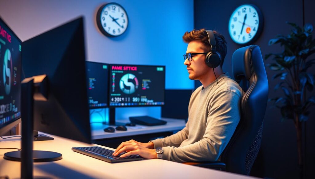 A focused professional gamer seated at a modern desk, immersed in a digital environment, surrounded by multiple monitors displaying game statistics and a timer. The foreground features an ergonomic gaming chair and a well-organized workspace, emphasizing productivity. The middle ground showcases the gamer, dressed in a comfortable yet stylish casual outfit, concentrating on the screens, with soft blue lighting casting a calming glow. In the background, a wall clock ticks steadily, symbolizing time management, alongside a lush indoor plant for a touch of relaxation. The overall atmosphere is one of balance and discipline, highlighting the importance of time management and rest in maintaining gaming performance. The image conveys a sense of professionalism and focus, ideal for a gaming article.