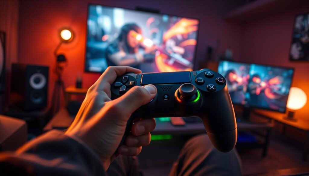A high-tech gaming environment showcasing the DualSense Edge controller with a focus on its back buttons and stick sensitivity. In the foreground, a close-up of a user's hands, dressed in casual attire, expertly adjusting the back buttons and thumbsticks. The middle layer features a vibrant, illuminated gaming setup with colorful RGB lights highlighting the controller's sleek design, emphasizing the customizable features. The background is softly blurred with a dynamic gaming monitor displaying a captivating action scene, creating an immersive atmosphere. Use warm, ambient lighting to enhance the inviting and energetic vibe of the space. The angle should be slightly above eye level, bringing focus to the controller while capturing the excitement of gaming customization.