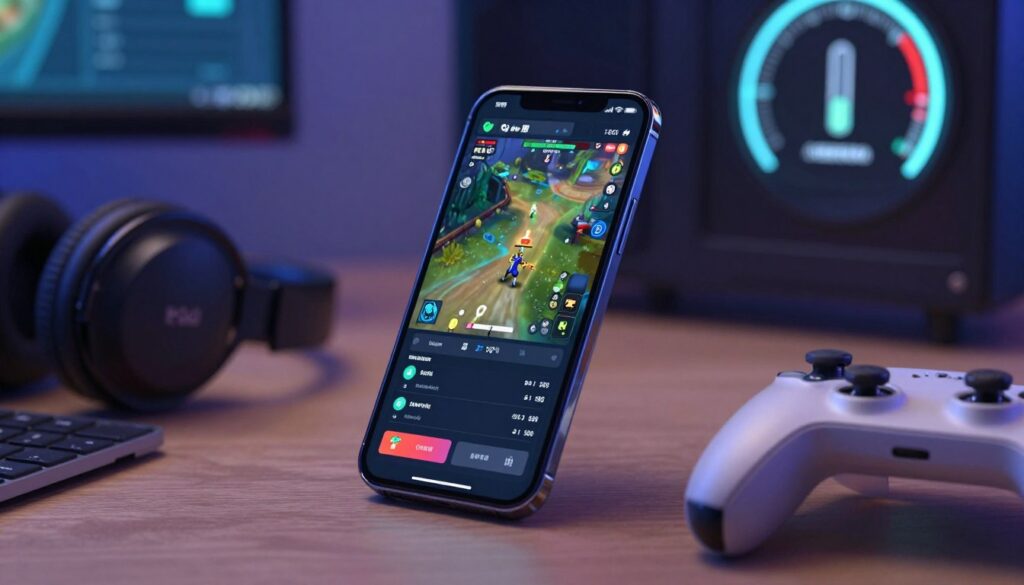 A modern smartphone displaying a gaming application on its screen, with vibrant graphics illustrating gameplay. The device is situated on a desk cluttered with various gaming peripherals like a headset and a game controller. In the background, a digital gauge shows temperature readings, emphasizing the concept of device heating. Soft ambient lighting mimics the glow of the game screen, creating a tech-savvy atmosphere. The focus should be on the phone's display, capturing details of the gaming application and its settings, hinting at adjustments that can affect temperature. The composition should convey a sense of urgency and concern regarding device overheating while looking sleek and professional. Use a shallow depth of field to keep the emphasis on the smartphone while slightly blurring the background elements.