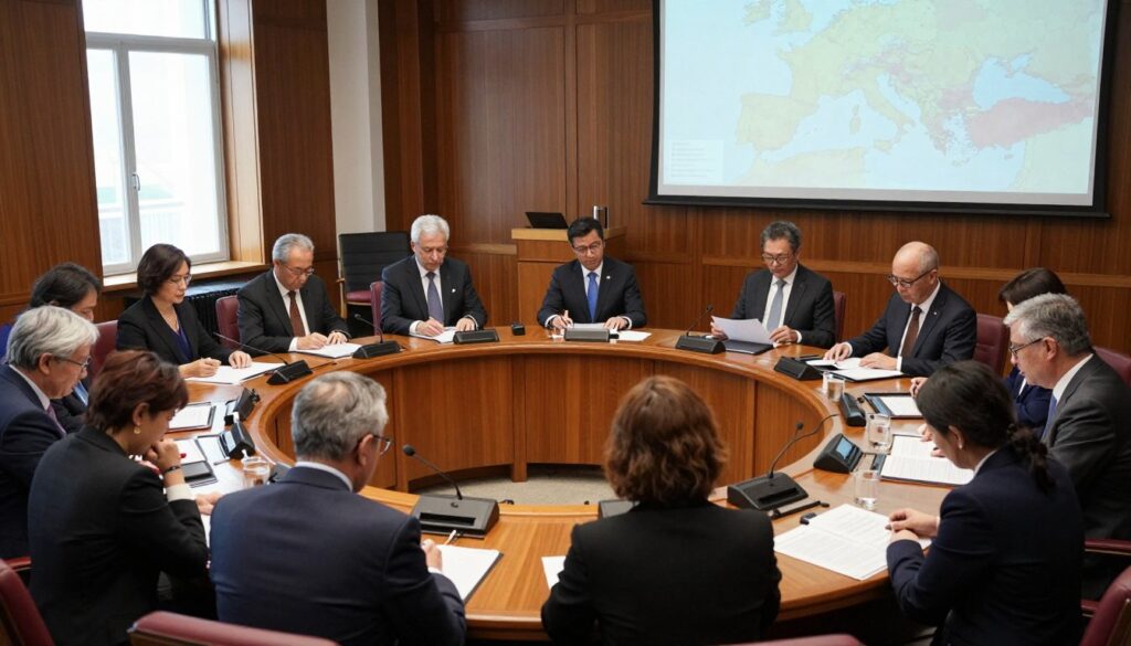 A solemn assembly hall filled with diverse individuals in professional business attire, gathered around an oval conference table. The room is adorned with elegant wood paneling, soft ambient lighting, and large windows that allow natural light to filter in, casting gentle shadows. In the foreground, a group of attentive officials, both men and women, show expressions of deep concentration and contemplation as they review documents, highlighting the serious nature of a parliamentary session. In the middle ground, a podium with a microphone stands prominently, symbolizing authority and transparency, while behind, a large screen displays a blurred map of the region, suggesting the importance of the discussions. The atmosphere is tense yet focused, contemplating the secrets and implications of the meeting on public perception. The perspective is slightly angled from above, providing an overview of the gathering while emphasizing the importance of the proceedings.