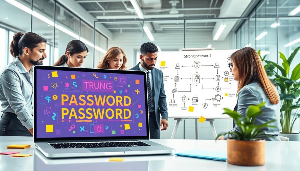 An artistic illustration of a strong password strategy. In the foreground, a laptop screen displays a creative visual of a complex password being generated with vibrant, colorful symbols and letters. Surrounding the laptop, a diverse group of focused individuals, dressed in professional business attire, intently brainstorms password ideas with sticky notes and diagrams scattered around. In the middle ground, a large whiteboard showcases a flowchart illustrating the steps to create a strong password, with icons like shields and locks. The background features a modern, well-lit office space with glass walls and green plants, creating a productive and inspiring atmosphere. The lighting is bright and inviting, evoking a sense of collaboration and creativity. An artistic illustration of a strong password strategy. In the foreground, a laptop screen displays a creative visual of a complex password being generated with vibrant, colorful symbols and letters. Surrounding the laptop, a diverse group of focused individuals, dressed in professional business attire, intently brainstorms password ideas with sticky notes and diagrams scattered around. In the middle ground, a large whiteboard showcases a flowchart illustrating the steps to create a strong password, with icons like shields and locks. The background features a modern, well-lit office space with glass walls and green plants, creating a productive and inspiring atmosphere. The lighting is bright and inviting, evoking a sense of collaboration and creativity.