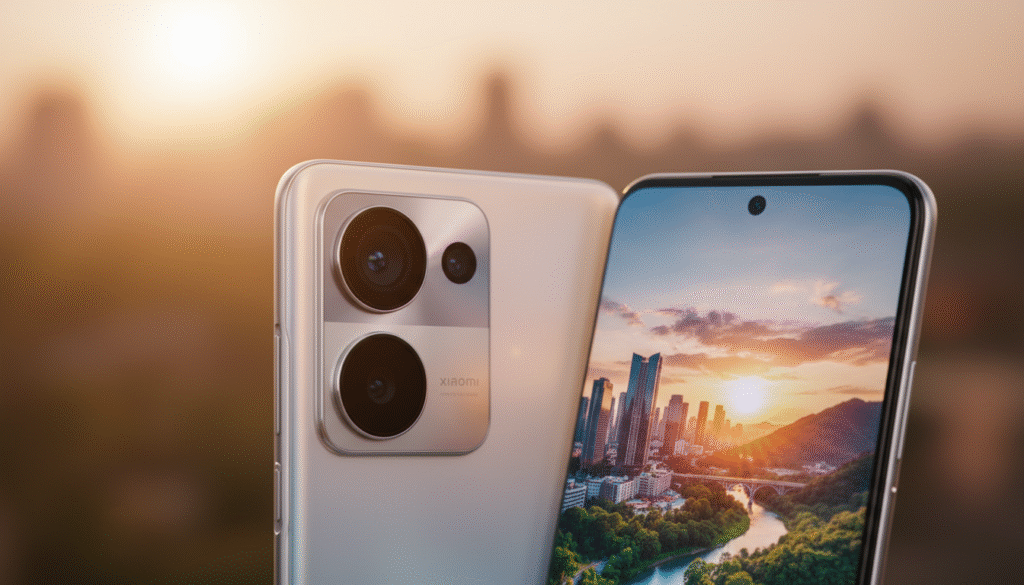 A close-up shot of the Xiaomi 14 Lite smartphone showcasing its camera capabilities. In the foreground, the sleek design of the phone is prominently displayed, featuring the advanced dual-camera system with a stylish lens arrangement. Reflections on the phone's surface highlight its premium build quality. In the middle ground, a blurred image of a vibrant cityscape or a picturesque nature scene showcases the camera's performance, emphasizing sharpness and color accuracy. The background is softly illuminated, simulating natural light during golden hour, creating a warm and inviting atmosphere. The overall mood conveys excitement and sophistication, appealing to tech enthusiasts and photography lovers alike.
